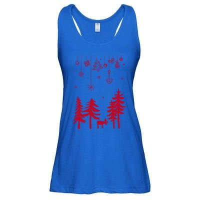 Moose In Forest With Traditional Symbols For Christmas Gift Ladies Essential Flowy Tank