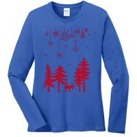 Moose In Forest With Traditional Symbols For Christmas Gift Ladies Long Sleeve Shirt