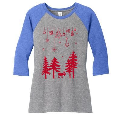 Moose In Forest With Traditional Symbols For Christmas Gift Women's Tri-Blend 3/4-Sleeve Raglan Shirt