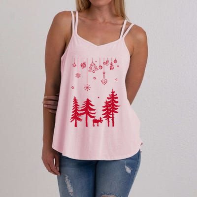 Moose In Forest With Traditional Symbols For Christmas Gift Women's Strappy Tank