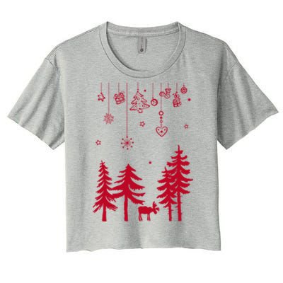 Moose In Forest With Traditional Symbols For Christmas Gift Women's Crop Top Tee