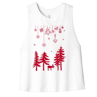 Moose In Forest With Traditional Symbols For Christmas Gift Women's Racerback Cropped Tank