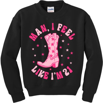Man I Feel Like Im 21 Groovy Western 21st Birthday Cowgirl Kids Sweatshirt