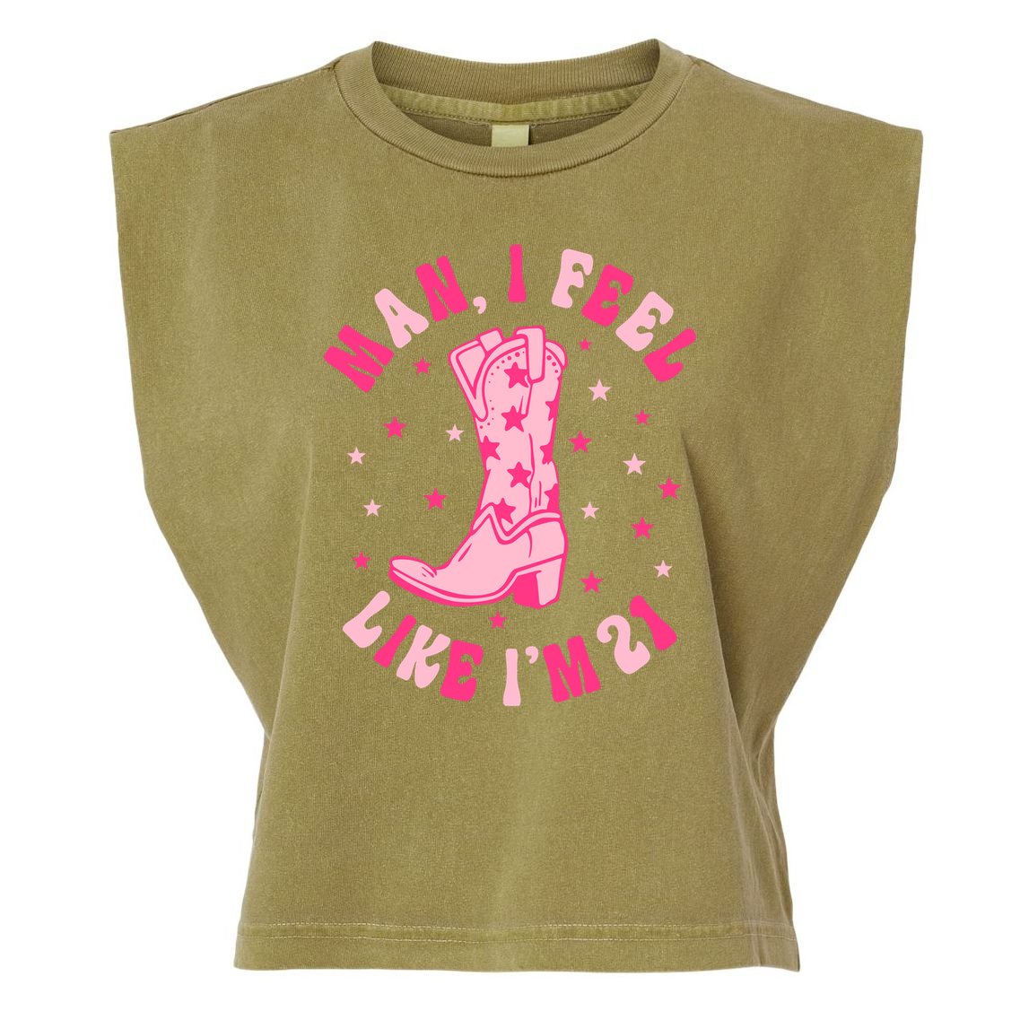 Man I Feel Like Im 21 Groovy Western 21st Birthday Cowgirl Garment-Dyed Women's Muscle Tee