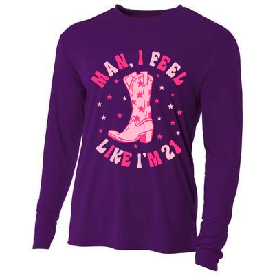 Man I Feel Like Im 21 Groovy Western 21st Birthday Cowgirl Cooling Performance Long Sleeve Crew