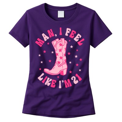 Man I Feel Like Im 21 Groovy Western 21st Birthday Cowgirl Womens T-Shirt