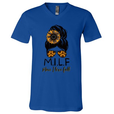 M Ilf I Love Fall Messy Bun Leopard Sunflower Sunglasses Gift V-Neck T-Shirt