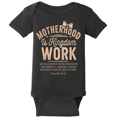 Motherhood Is Kingdom Work Coquette Bow Christian Mom Baby Bodysuit