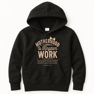 Motherhood Is Kingdom Work Coquette Bow Christian Mom Kids Hoodie