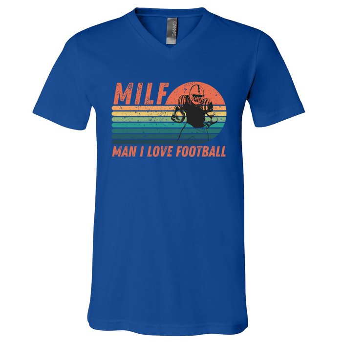 Milf I Love Football Retro Vintage Distressed Sunset Gift V-Neck T-Shirt