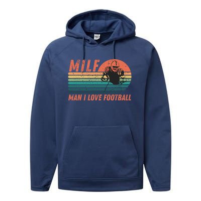 Milf I Love Football Retro Vintage Distressed Sunset Gift Performance Fleece Hoodie