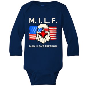 M I L F I Love Freedom Usa American Flag Gift Baby Long Sleeve Bodysuit