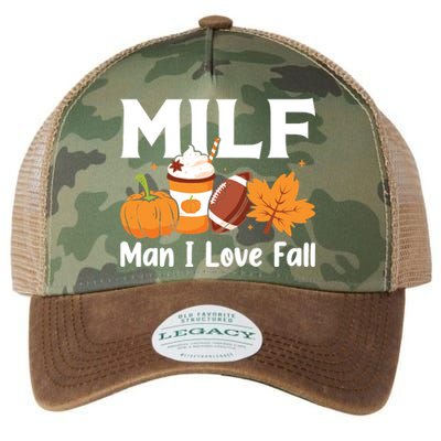 Man I Love Fall MILF Pumpkin Football Coffee Leaves Funny Legacy Tie Dye Trucker Hat