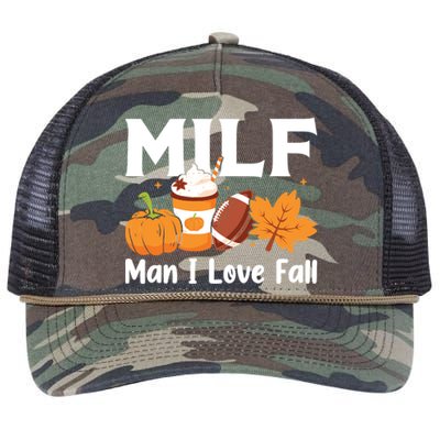 Man I Love Fall MILF Pumpkin Football Coffee Leaves Funny Retro Rope Trucker Hat Cap