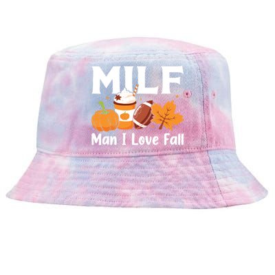 Man I Love Fall MILF Pumpkin Football Coffee Leaves Funny Tie-Dyed Bucket Hat