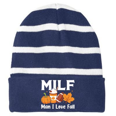 Man I Love Fall MILF Pumpkin Football Coffee Leaves Funny Striped Beanie with Solid Band