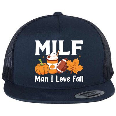 Man I Love Fall MILF Pumpkin Football Coffee Leaves Funny Flat Bill Trucker Hat