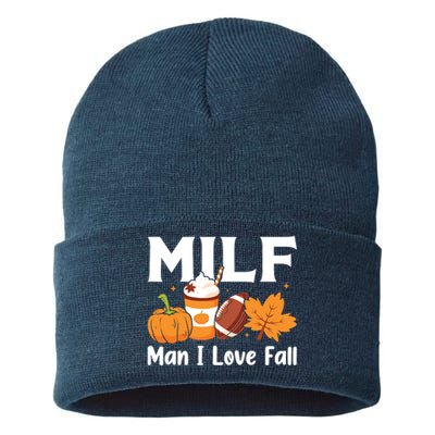 Man I Love Fall MILF Pumpkin Football Coffee Leaves Funny Sustainable Knit Beanie