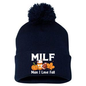 Man I Love Fall MILF Pumpkin Football Coffee Leaves Funny Pom Pom 12in Knit Beanie