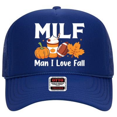 Man I Love Fall MILF Pumpkin Football Coffee Leaves Funny High Crown Mesh Back Trucker Hat