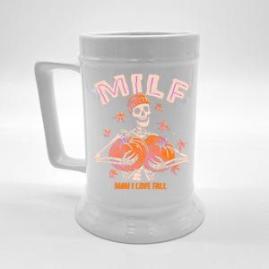 Milf I Love Fall Funny Skeleton Pumpkin Halloween Gift Beer Stein