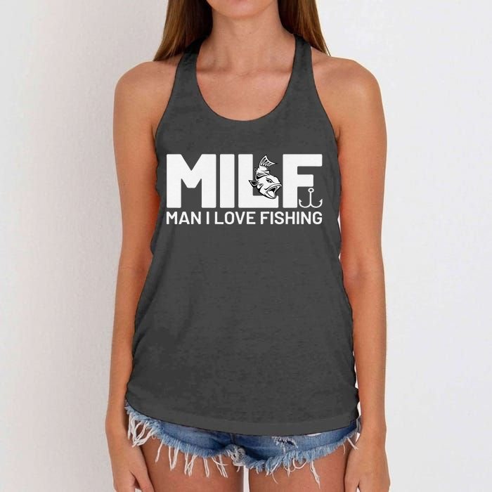 Man I Love Fishing Funny Sayings Milf Fishing Women's Knotted Racerback Tank