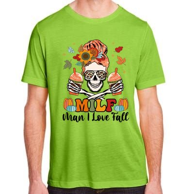 Milf I Love Fall Skeleton Pumpkin Spice Messy Bun Mom Gift Adult ChromaSoft Performance T-Shirt