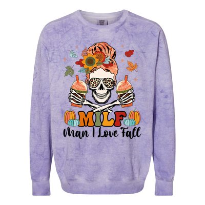 Milf I Love Fall Skeleton Pumpkin Spice Messy Bun Mom Gift Colorblast Crewneck Sweatshirt