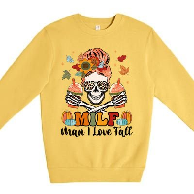 Milf I Love Fall Skeleton Pumpkin Spice Messy Bun Mom Gift Premium Crewneck Sweatshirt