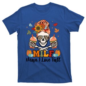 Milf I Love Fall Skeleton Pumpkin Spice Messy Bun Mom Gift T-Shirt