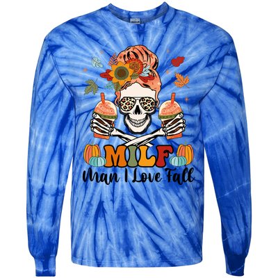 Milf I Love Fall Skeleton Pumpkin Spice Messy Bun Mom Gift Tie-Dye Long Sleeve Shirt