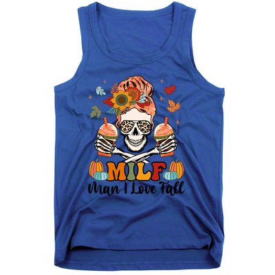 Milf I Love Fall Skeleton Pumpkin Spice Messy Bun Mom Gift Tank Top