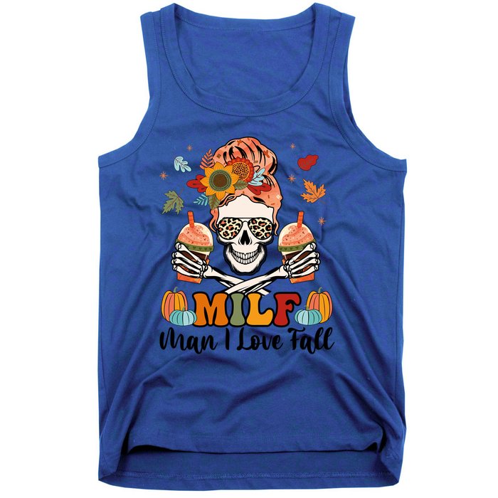 Milf I Love Fall Skeleton Pumpkin Spice Messy Bun Mom Gift Tank Top