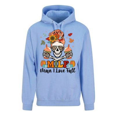 Milf I Love Fall Skeleton Pumpkin Spice Messy Bun Mom Gift Unisex Surf Hoodie