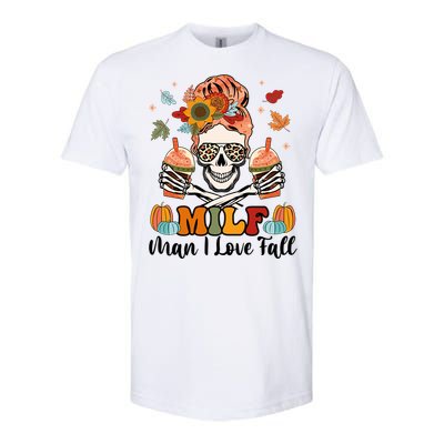 Milf I Love Fall Skeleton Pumpkin Spice Messy Bun Mom Gift Softstyle CVC T-Shirt