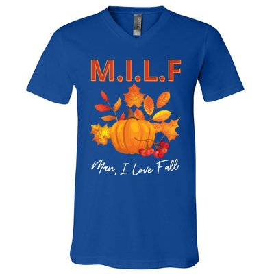 Milf I Love Fall Funny Seasonal Pumpkin Autumn Lover Gift V-Neck T-Shirt