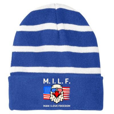 M I L F I Love Freedom Usa American Flag Gift Striped Beanie with Solid Band