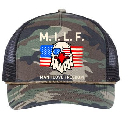 M I L F I Love Freedom Usa American Flag Gift Retro Rope Trucker Hat Cap