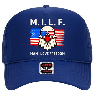 M I L F I Love Freedom Usa American Flag Gift High Crown Mesh Back Trucker Hat