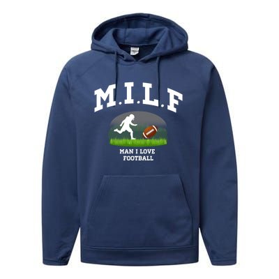 M I L F I Love Football Sunday Is Funday Quarterback Gift Performance Fleece Hoodie