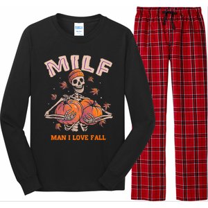 Milf I Love Fall Funny Skeleton Pumpkin Autumn Lover Great Gift Long Sleeve Pajama Set