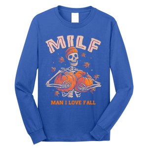 Milf I Love Fall Funny Skeleton Pumpkin Autumn Lover Great Gift Long Sleeve Shirt