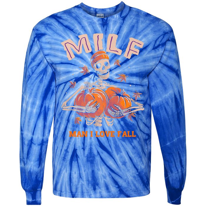 Milf I Love Fall Funny Skeleton Pumpkin Autumn Lover Great Gift Tie-Dye Long Sleeve Shirt