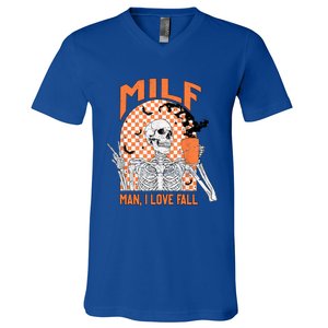 Milf I Love Fall Funny Skeleton Pumpkin Spice Funny Gift V-Neck T-Shirt