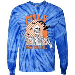 Milf I Love Fall Funny Skeleton Pumpkin Spice Funny Gift Tie-Dye Long Sleeve Shirt