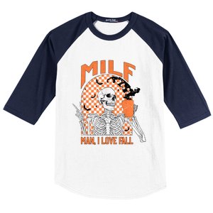 Milf I Love Fall Funny Skeleton Pumpkin Spice Funny Gift Baseball Sleeve Shirt