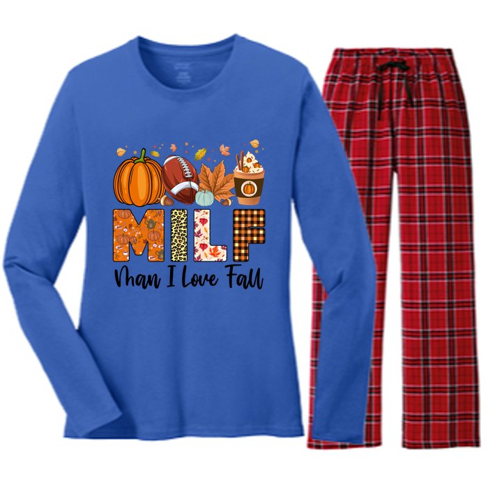 Milf I Love Fall Football Maple Leaf Pumpkin Spice Latte Meaningful Gift Women's Long Sleeve Flannel Pajama Set 