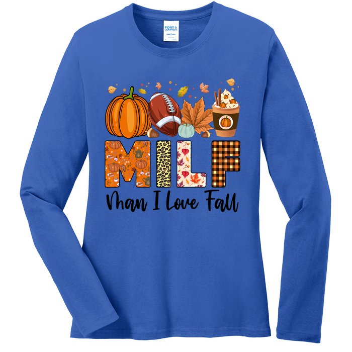 Milf I Love Fall Football Maple Leaf Pumpkin Spice Latte Meaningful Gift Ladies Long Sleeve Shirt