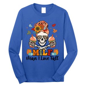 Milf I Love Fall Skeleton Pumpkin Spice Messy Bun Mom Gift Long Sleeve Shirt