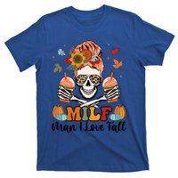 Milf I Love Fall Skeleton Pumpkin Spice Messy Bun Mom Gift T-Shirt